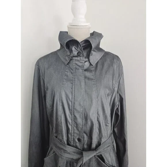 Samuel Dong Gray Metallic Taffeta Collared Bubble Hem Zip Trench Jacket Coat XL - Picture 3 of 14